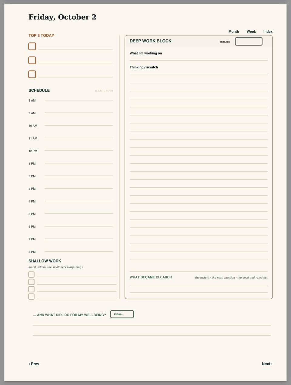 Daily planning page from The Norton Academic Planner showing priorities, an hourly schedule, shallow work, and a protected deep-work block.
