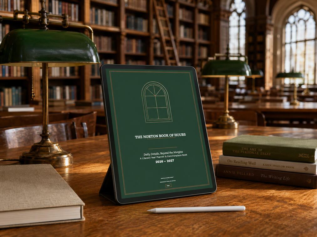The Norton Book of Hours cover page on a reMarkable Paper Pro inside the library propped up on the table.