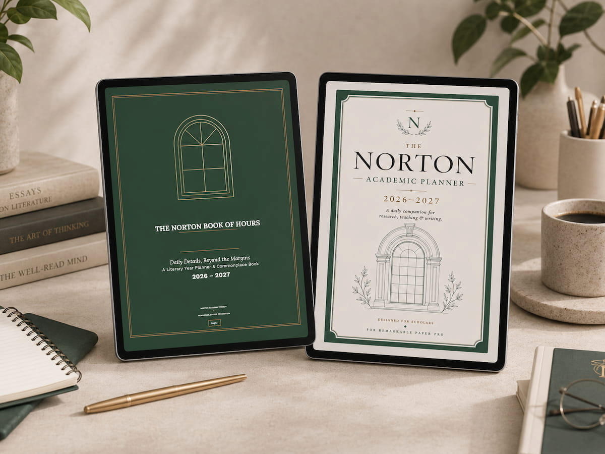 The Norton Book of Hours and The Norton Academic Planner displayed side by side on tablet screens in an academic workspace.