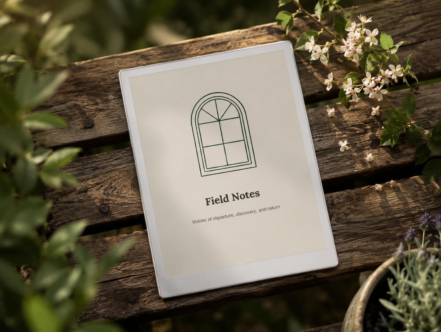 Field Notes: Voices of Departure, Discovery, and Return on a reMarkable Paper Pro Field Notes: Voices of Departure, Discovery, and Return displayed on a reMarkable Paper Pro on a rustic wooden bench — an undated literary companion published by Norton Academic Press™